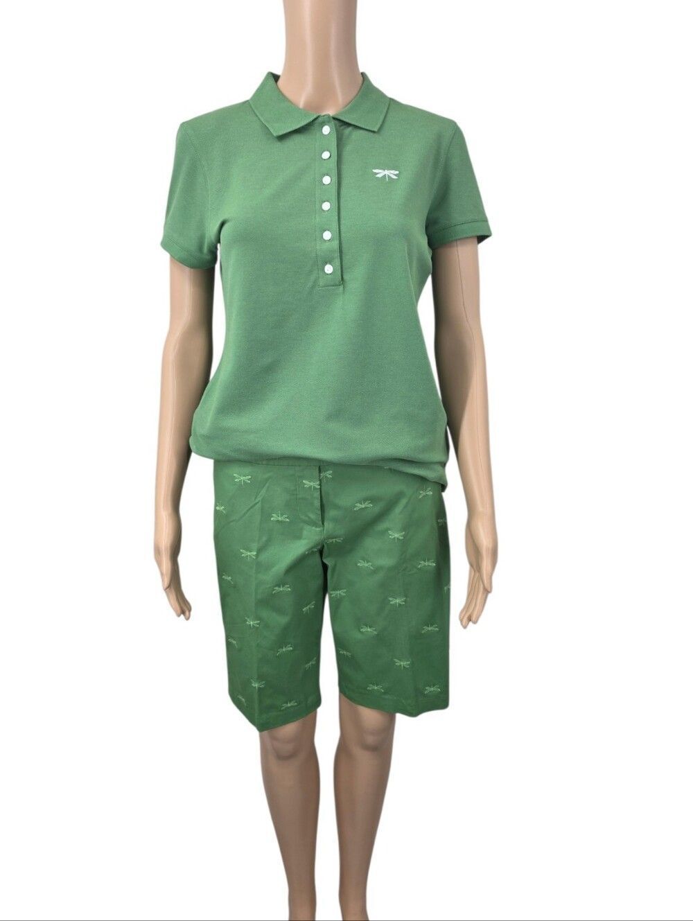 Talbots Green Polo Shirt with Dragonfly Embroidery and Matching Bremuda Shorts